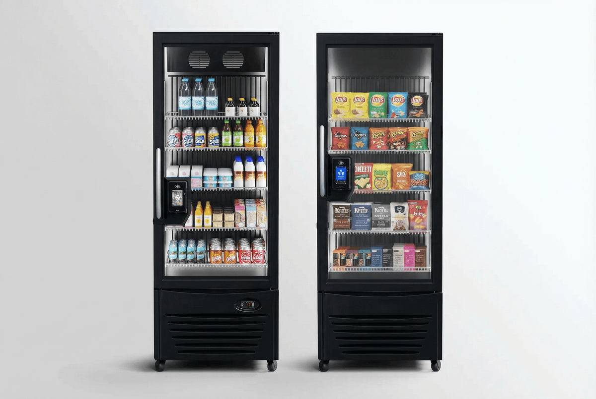 PicoCooler Vision refrigerated smart cooler and PicoAmbient Vision snack cabinet combo — complete smart market solution for Wake County NC workplaces