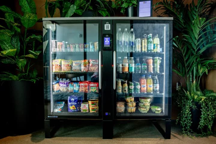 Smart cooler cashless payment interface — tap-to-pay and mobile pay for grab-and-go checkout in Wake County workplaces